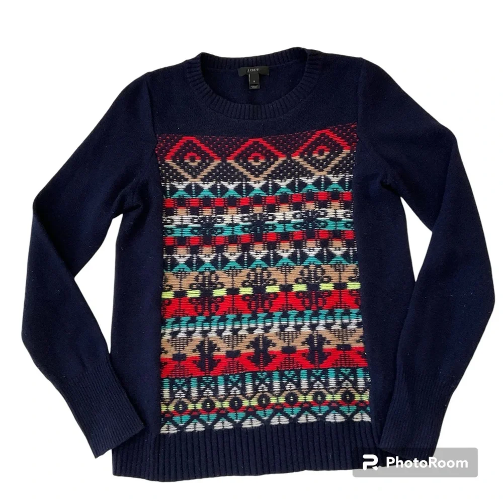 J crew jacquard Aztec stitch 100% wool sweater navy blue size S